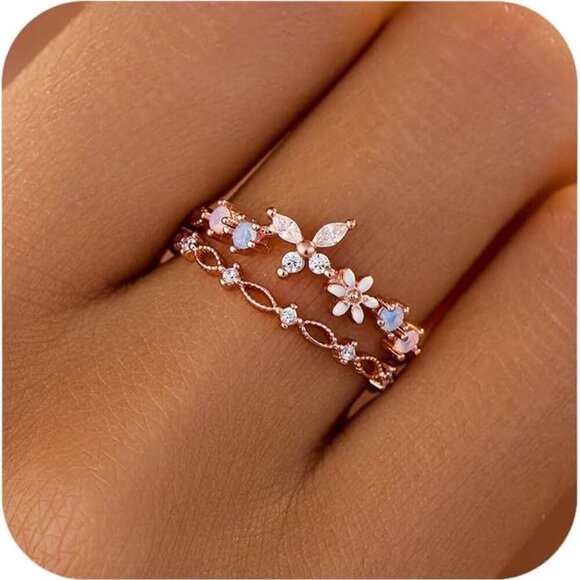 Jewelry - Sterling Silver Butterfly Daisy Ring 14K Gold Plated Colorful Opal CZ Fashion